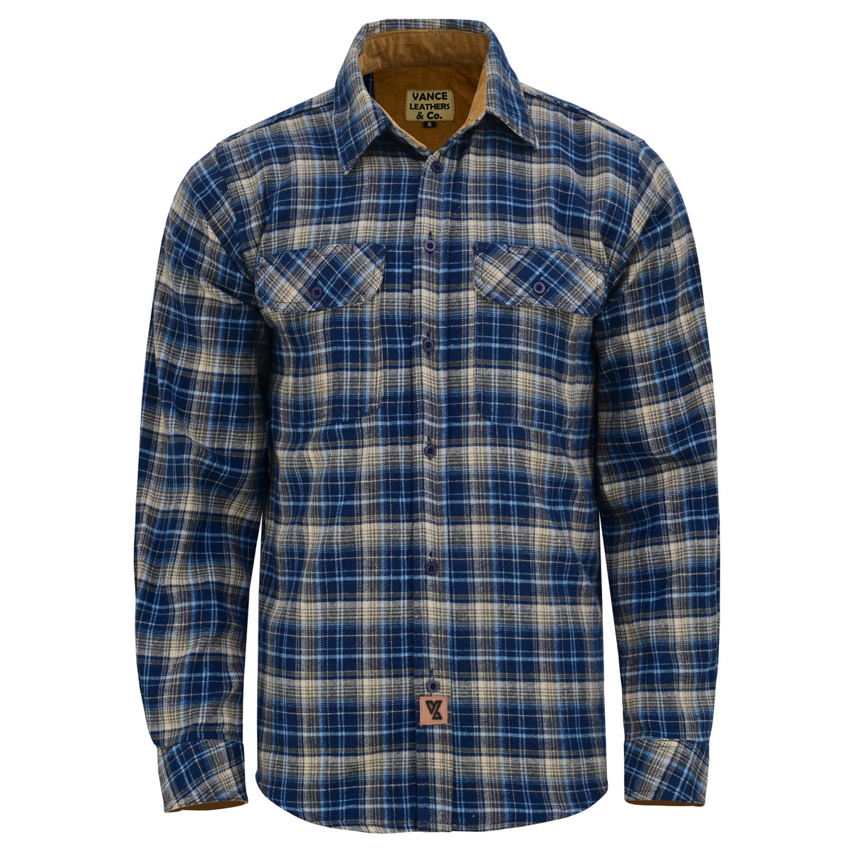 Straight front view of the men's Keen Midnight plaid flannel shirt with two buttoned chest pockets and long sleeves.