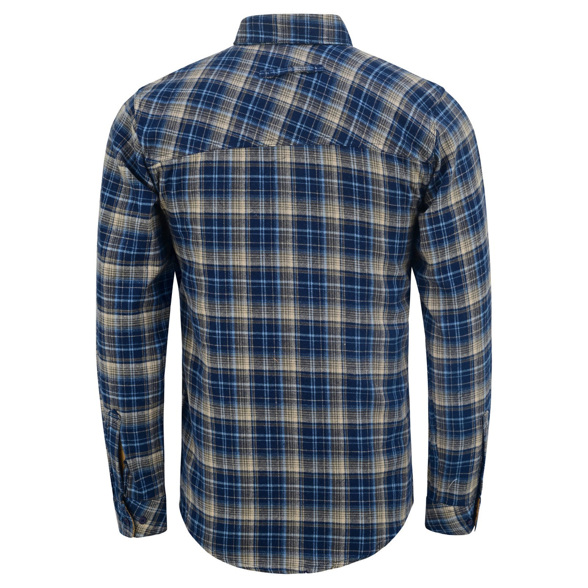 Back view of the men's Keen Midnight navy and tan flannel shirt, showing a diagonal plaid shoulder yoke and curved hem.