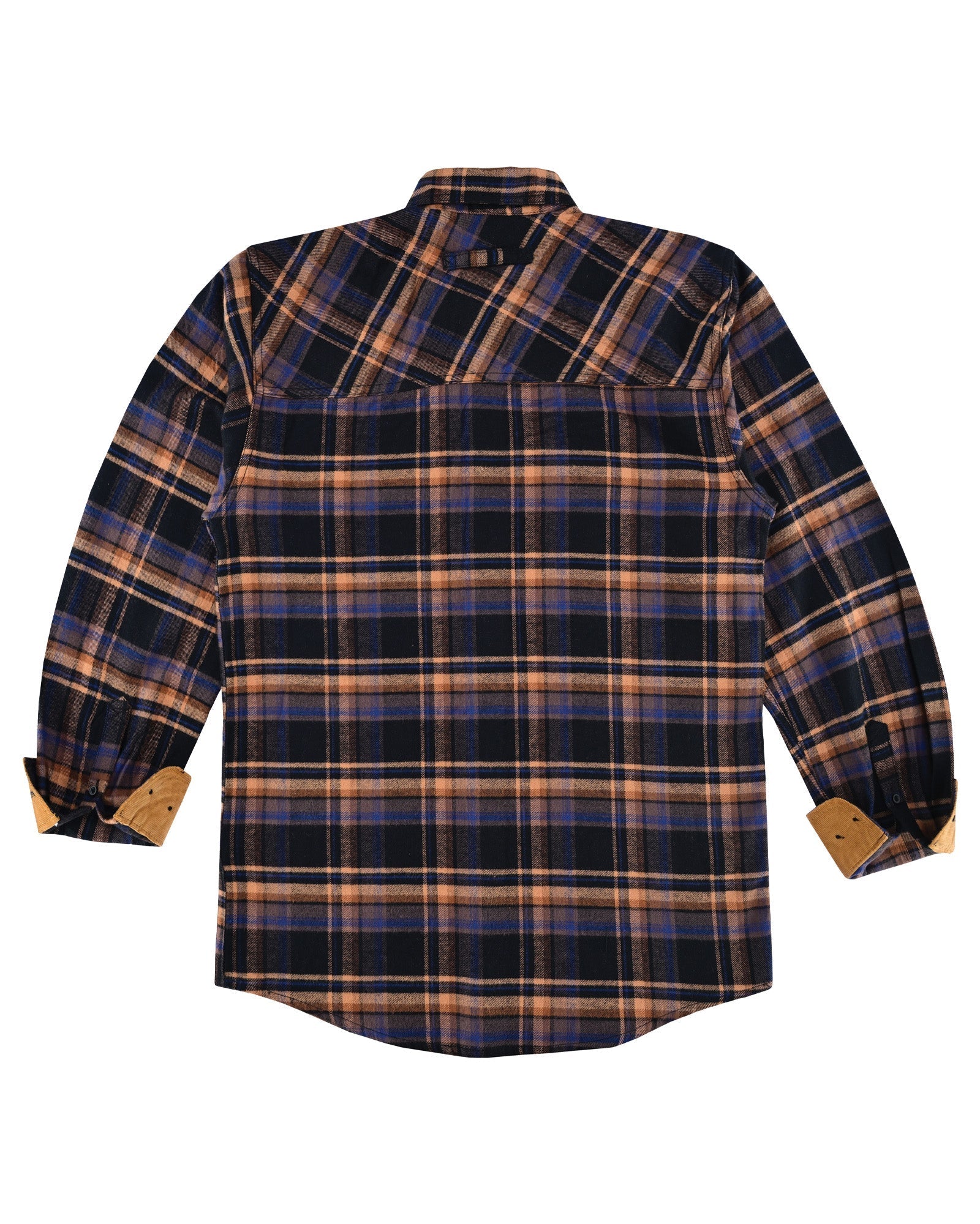 Men's Midnight Rust Long Sleeve Plaid Button Down Casual Flannel Shirt - Flat Back View