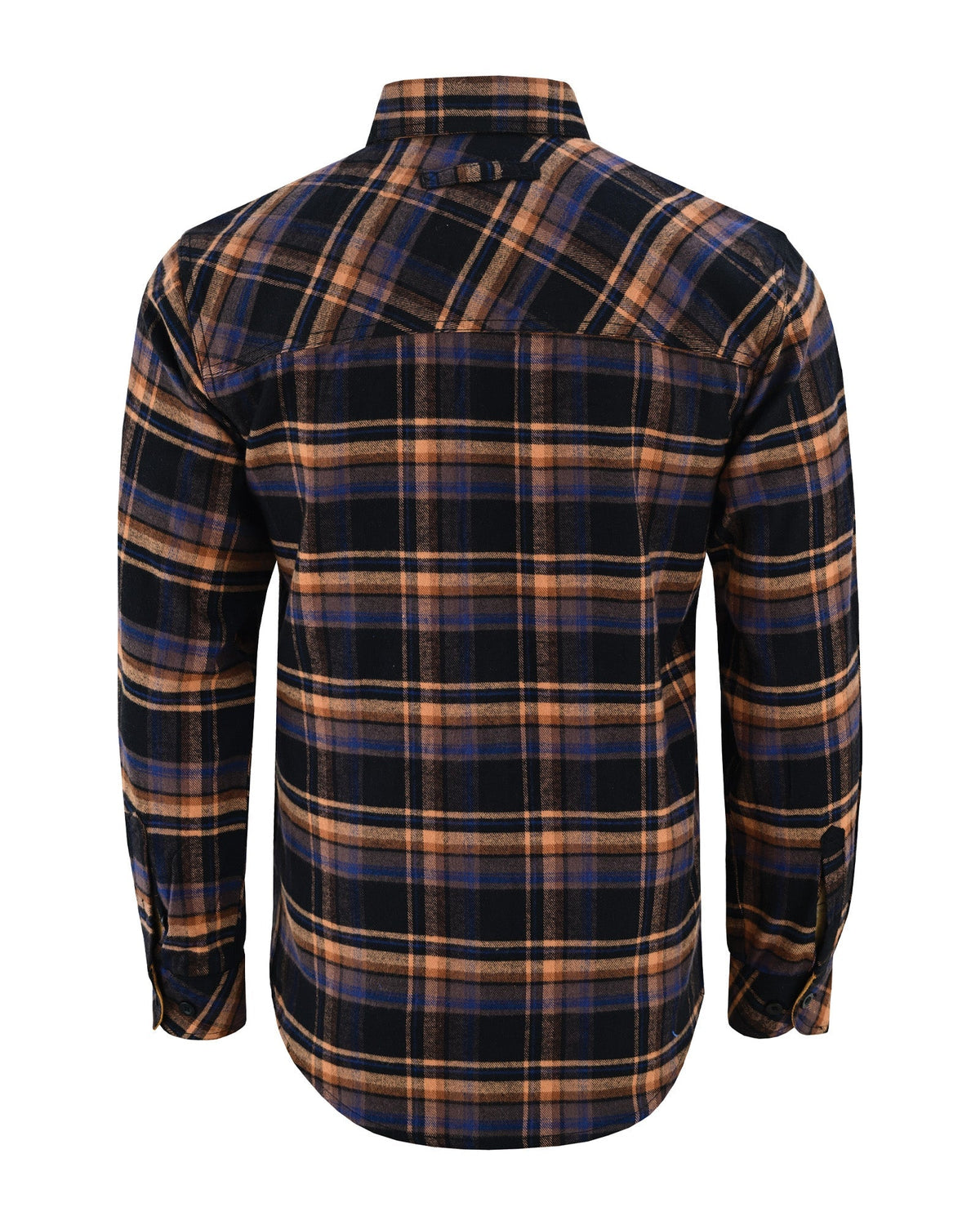 Rear view of the Midnight Rust plaid flannel shirt showing long sleeves, diagonal plaid shoulder yoke and curved hem.
