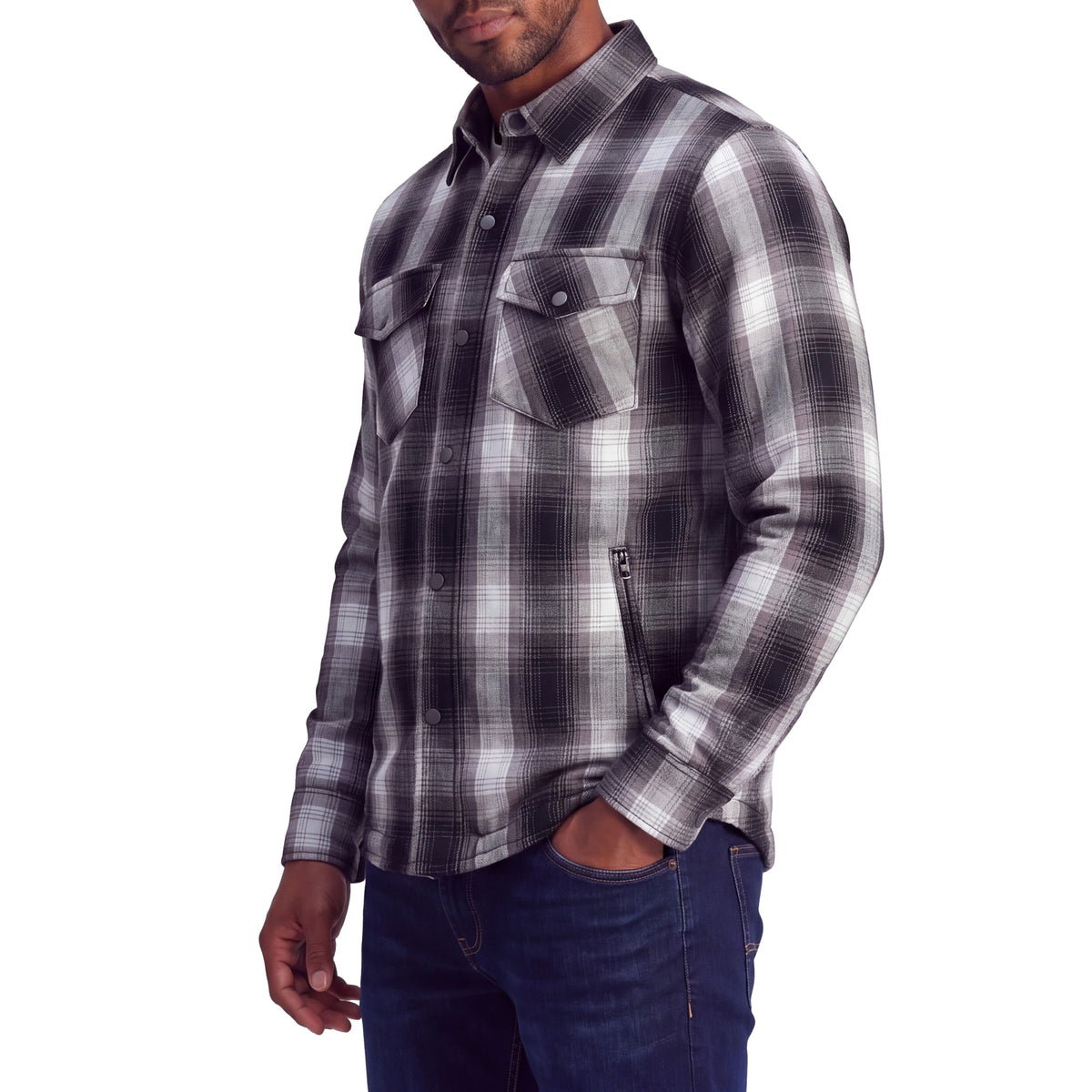 Model wearing the Timberwolf charcoal plaid motorcycle shirt at an angle, showing the long sleeve and zippered waist pocket.