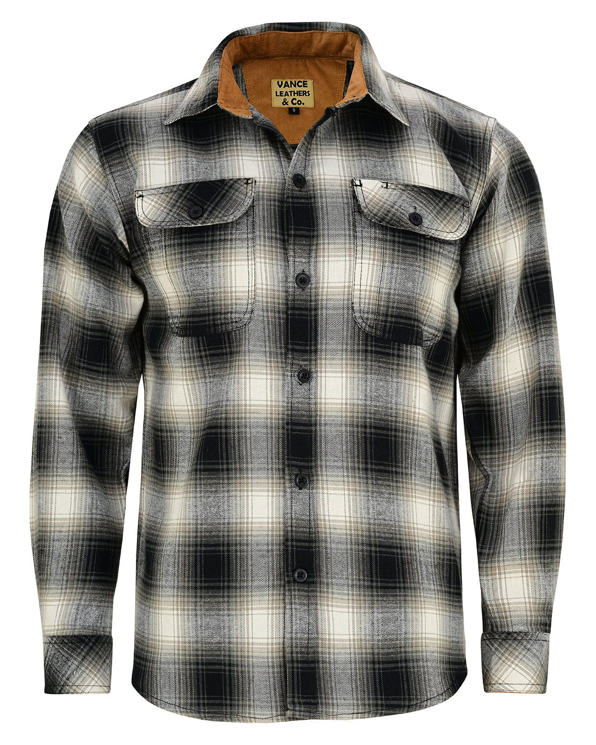 Full front view of men's Timberwolf plaid button-down flannel shirt with twin flap chest pockets and tan-lined open collar.