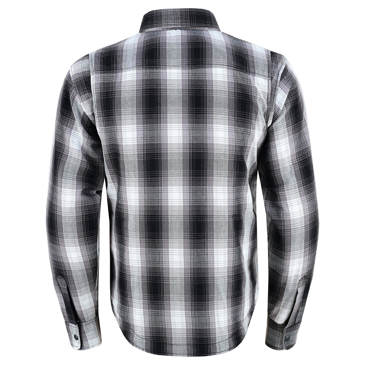 Back product view of the men’s Timberwolf charcoal plaid armored motorcycle shirt, showing shoulder seams and snap cuffs.