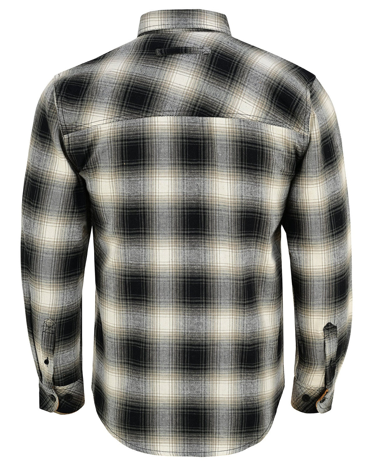 Back view of men's Timberwolf charcoal, gray and ivory plaid flannel shirt showing shoulder yoke and curved hem.