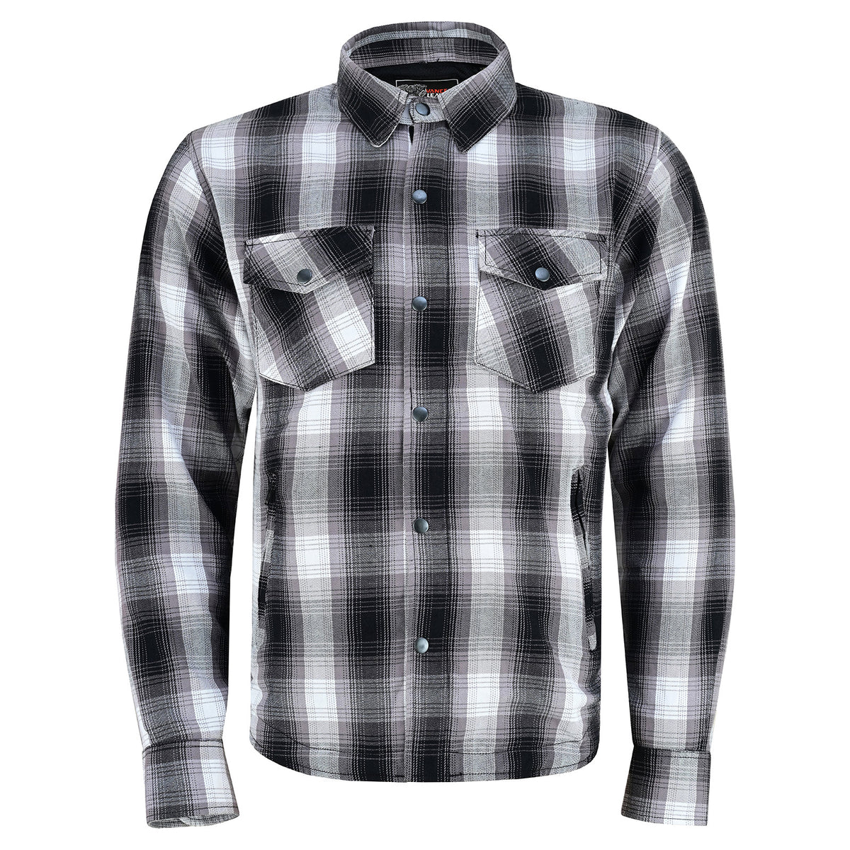 Front view of the men’s Timberwolf charcoal plaid motorcycle flannel shirt with collar fastened and snap-front placket closed.