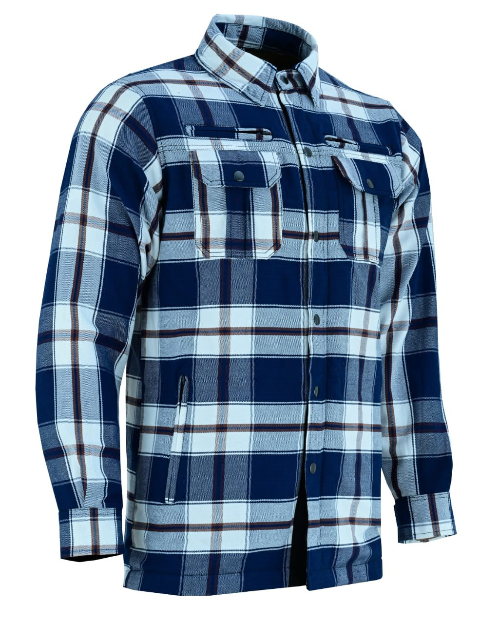 Three-quarter view of a blue and white armored flannel shirt showing flap chest pockets and waist zipper.