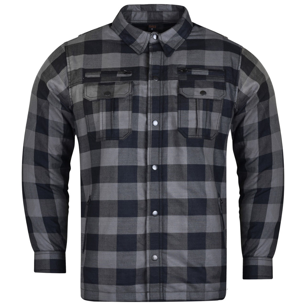 Front view of a grey and black armored flannel shirt showing chest vents and flap pockets.