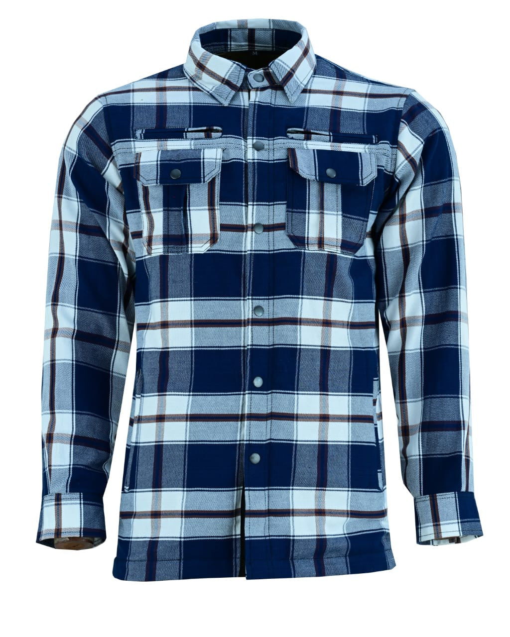 Front view of a blue and white plaid armored motorcycle flannel shirt with collar fastened and chest pockets.