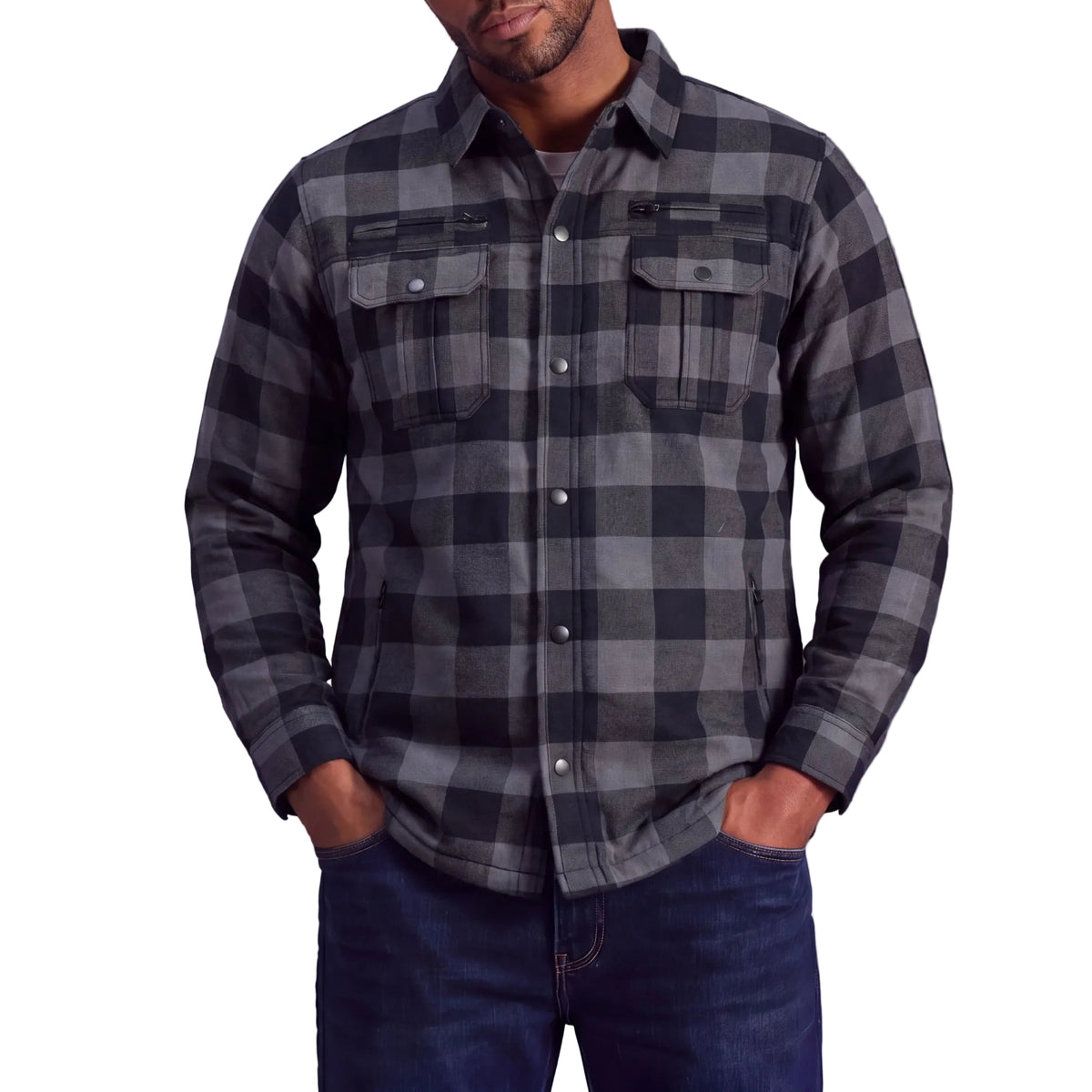 Model wearing a grey and black plaid armored motorcycle shirt with snap front and chest pockets.