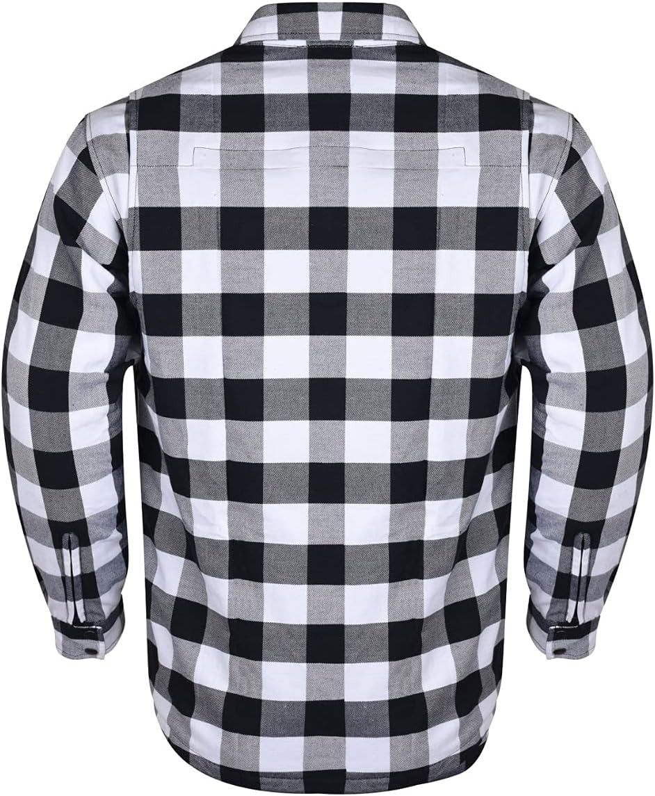 Back view of a white and black plaid armored riding shirt showing zippered sleeves and snap cuffs.