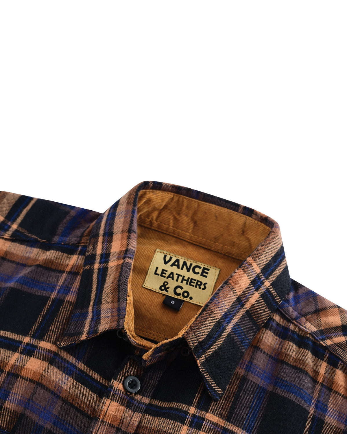 Close-up of the Midnight Rust plaid flannel collar with tan corduroy lining and a Vance Leathers & Co. label.