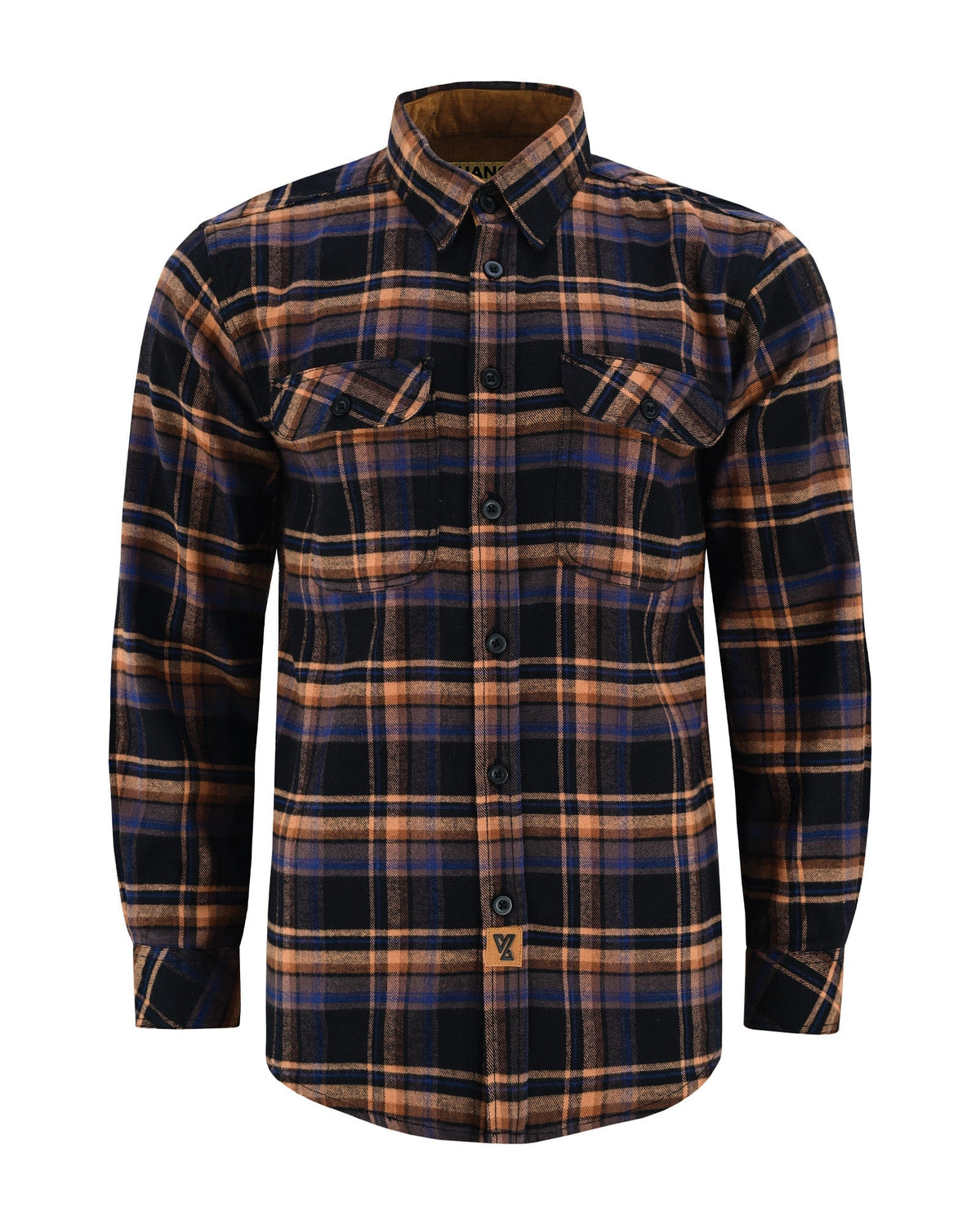 Front view of the Midnight Rust long-sleeve plaid flannel with collar buttoned, dual chest pockets and curved hem.