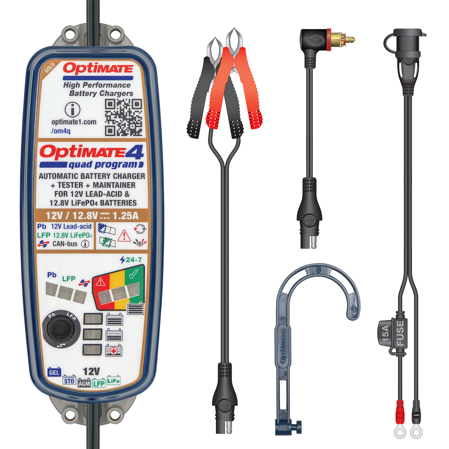 Tecmate OptiMate 4 Quad Program Premium Edition 12V/ 12.8V 1.25A charger & maintainer