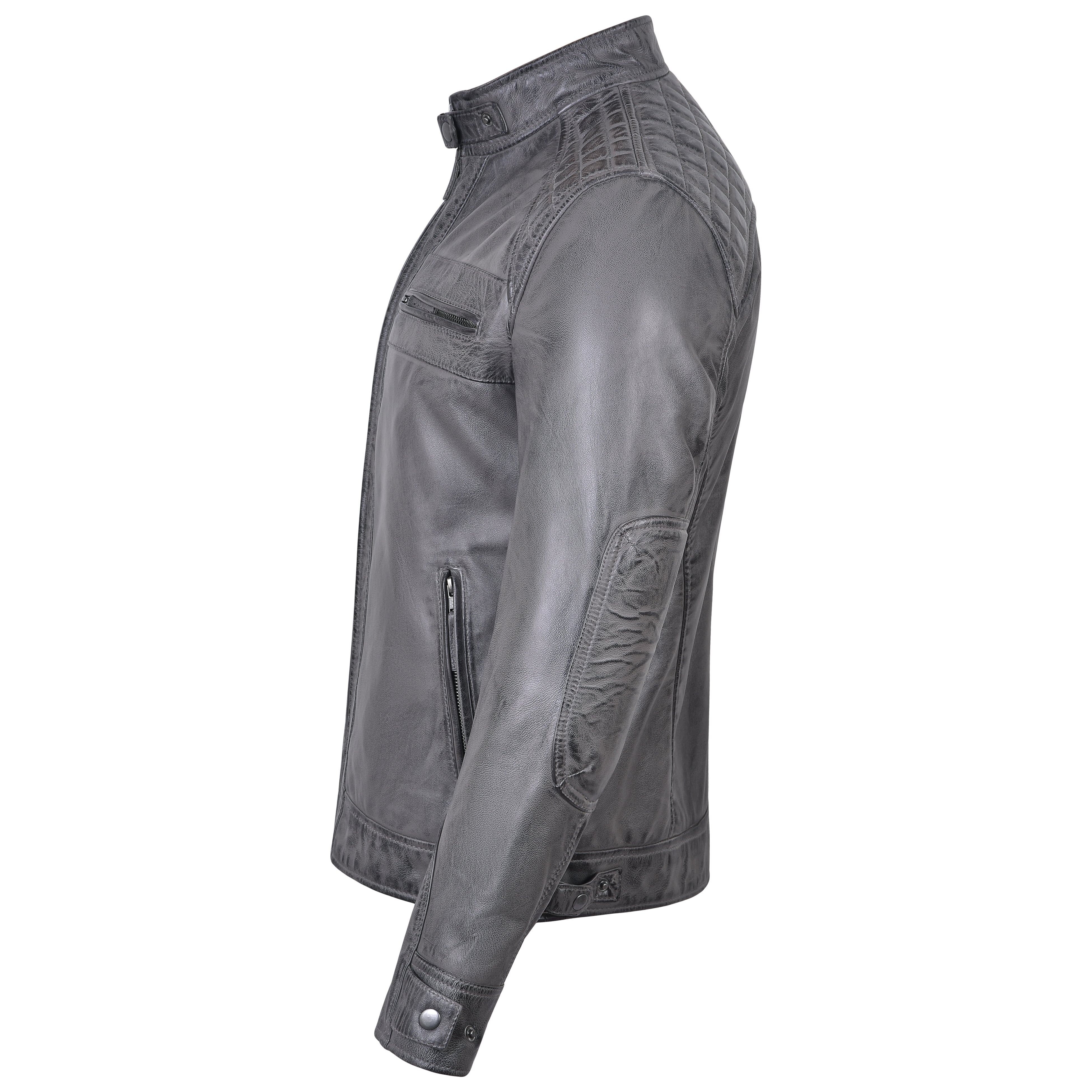 Men's Cafe Racer Waxed Lambskin Distressed Grey Motorcycle Leather Jacket