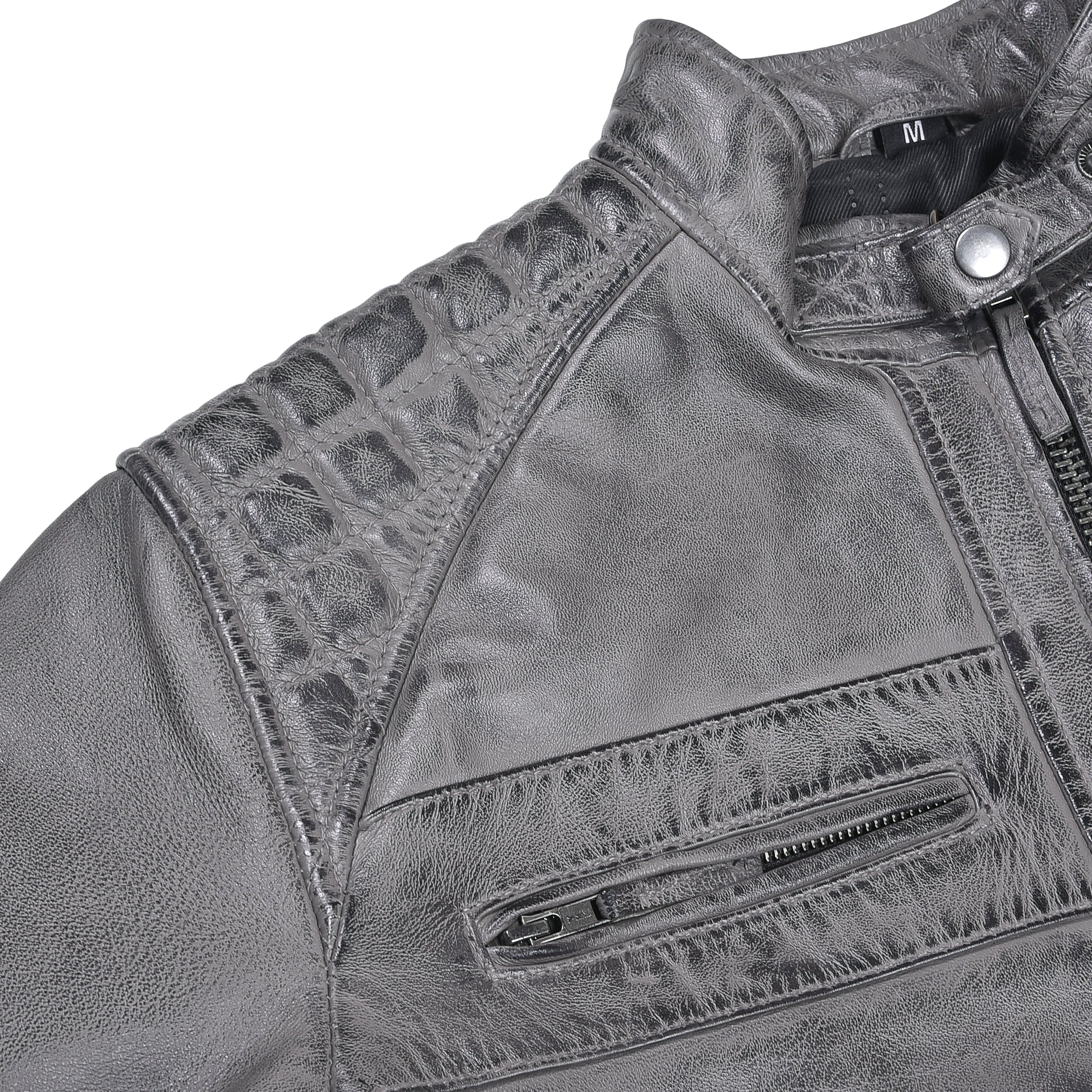 Men's Cafe Racer Waxed Lambskin Distressed Grey Motorcycle Leather Jacket