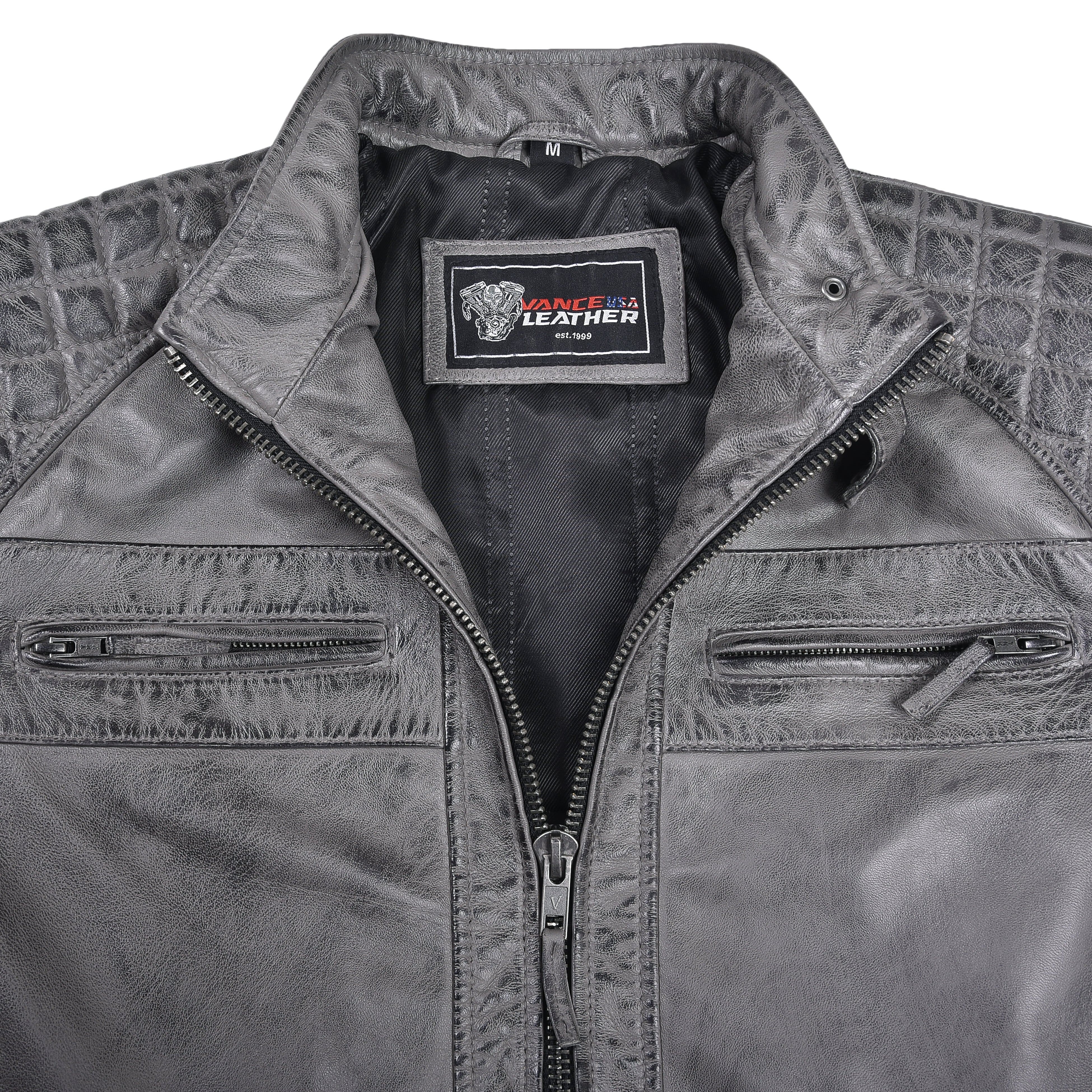 Men's Cafe Racer Waxed Lambskin Distressed Grey Motorcycle Leather Jacket
