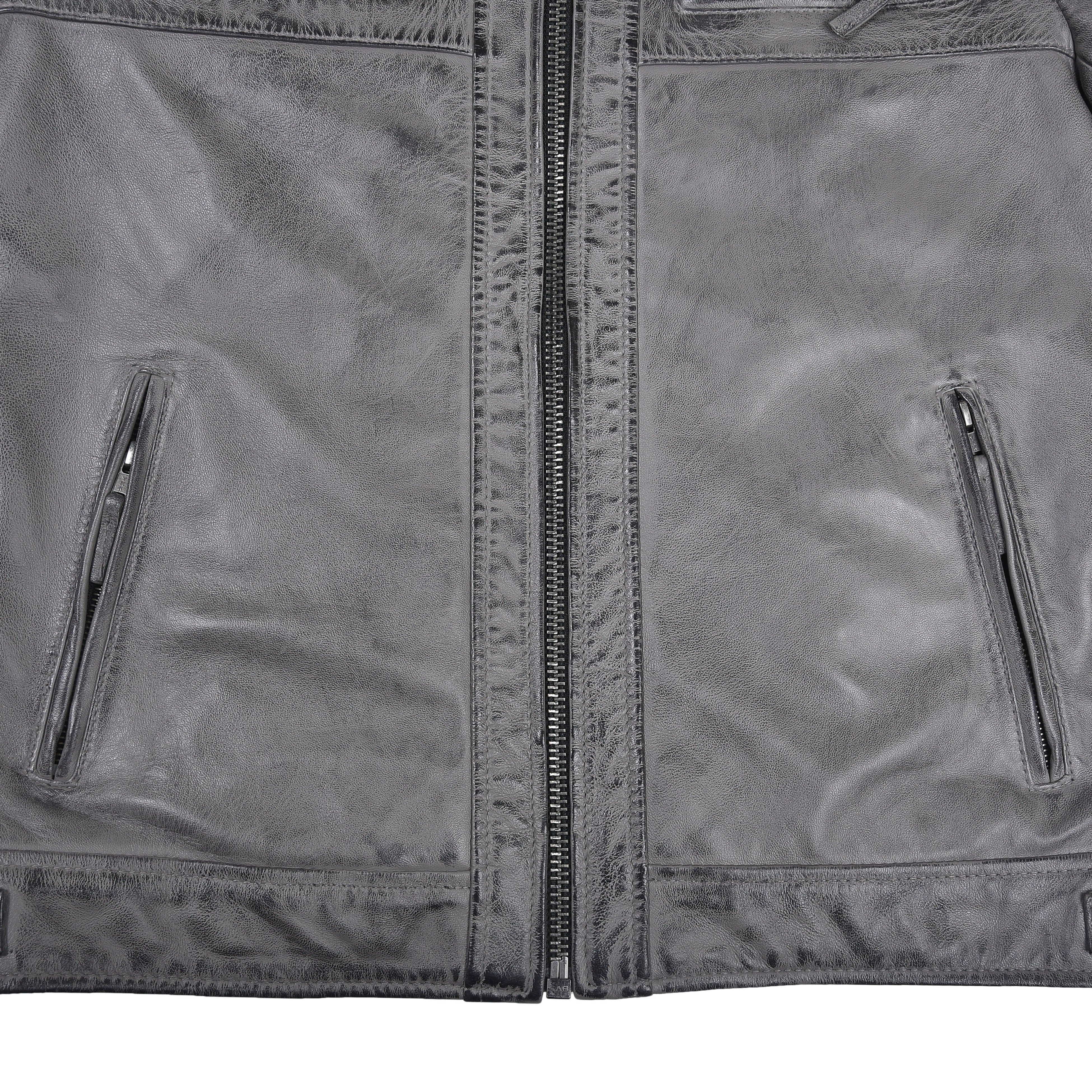 Men's Cafe Racer Waxed Lambskin Distressed Grey Motorcycle Leather Jacket