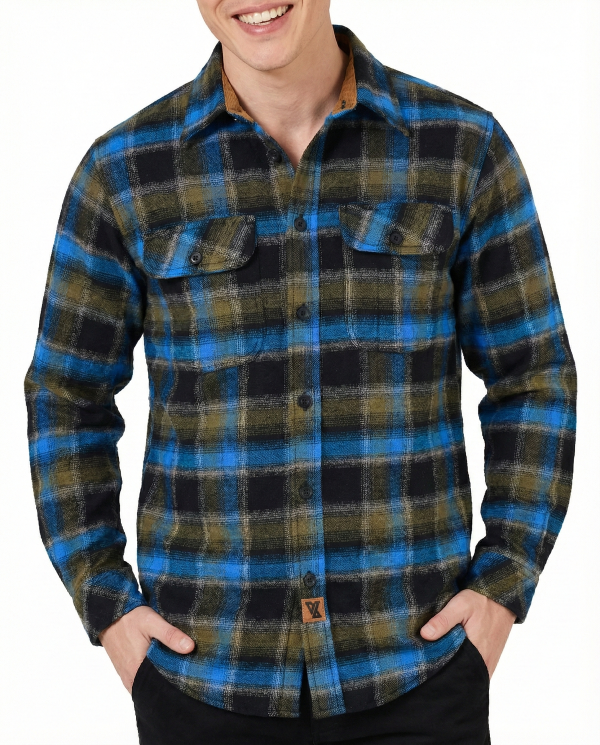 Model wearing the Plaid River men's blue, olive and charcoal plaid flannel shirt with long sleeves and chest pockets.