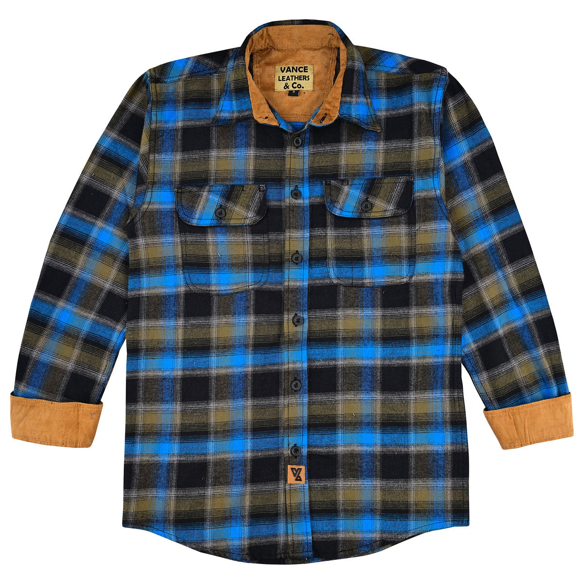 Plaid River men's blue and olive flannel shirt laid flat with cuffs turned back to show tan corduroy lining.