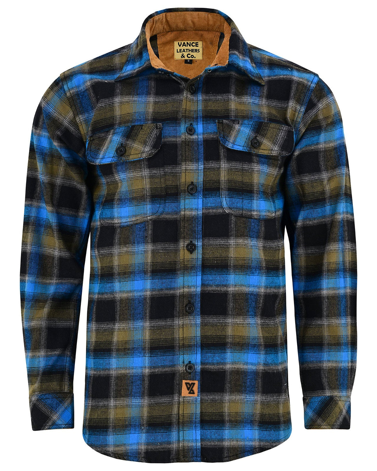 Front view of the Plaid River men's long sleeve plaid flannel shirt with button closure, flap pockets and curved hem.