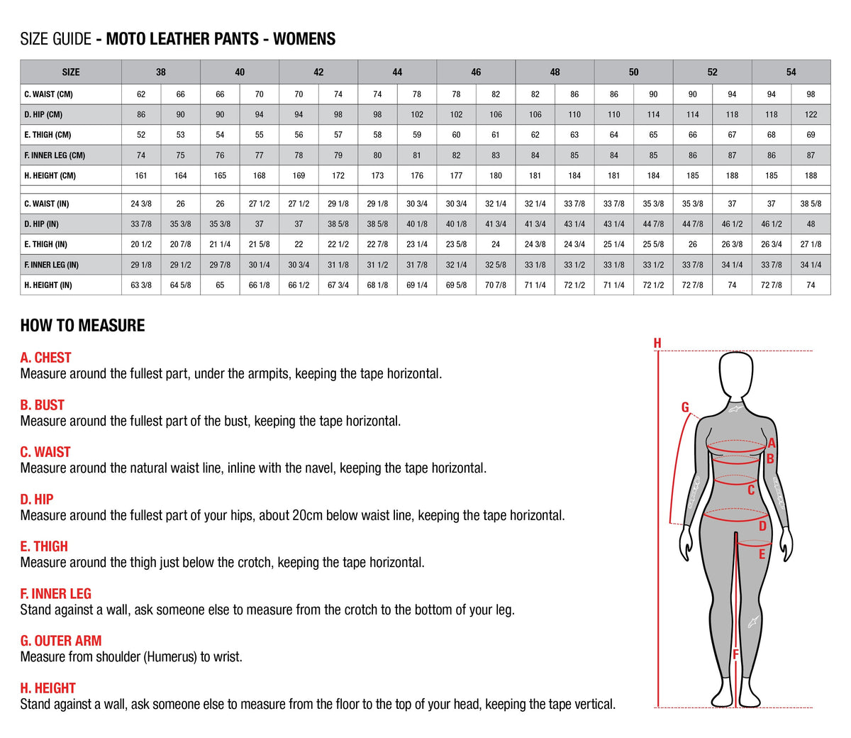 Alpinestars Womens Pants Size Chart