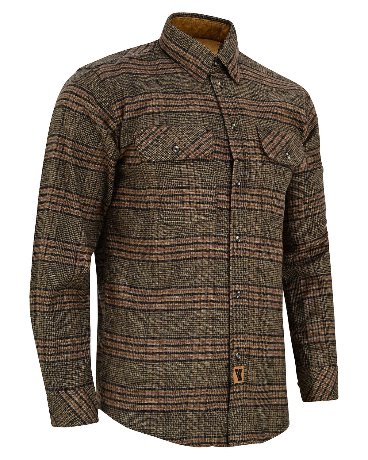 Angled view of the Sequoia men's plaid button-down flannel shirt with flap chest pockets and a tan-lined collar.