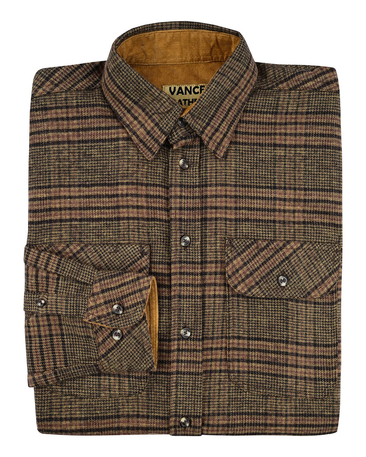 Folded Sequoia men's flannel shirt showing olive-brown, rust and charcoal micro-plaid, buttoned cuff and chest pocket.