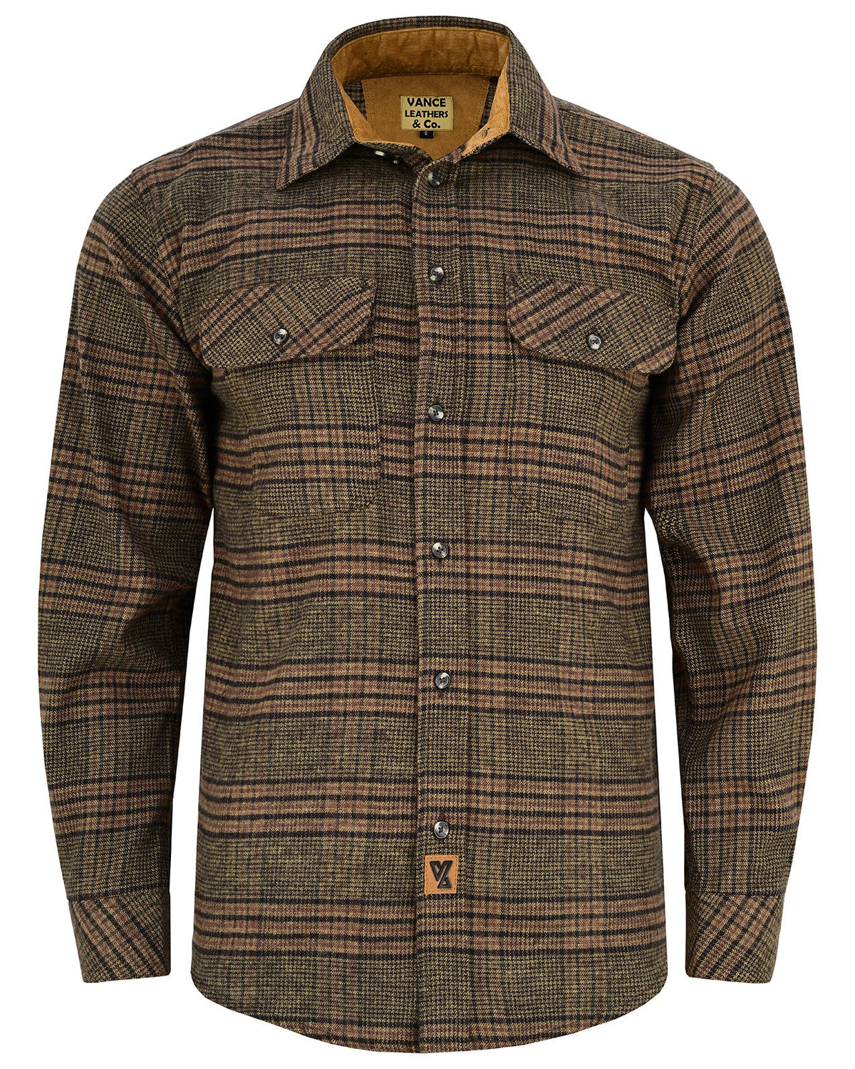 Front view of the Sequoia men's long sleeve plaid flannel shirt showing its button-down front and curved hem.