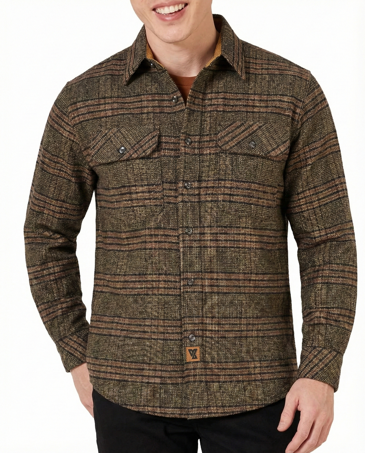 Model wearing the Sequoia men's olive-brown plaid flannel shirt with long sleeves and two buttoned chest pockets.