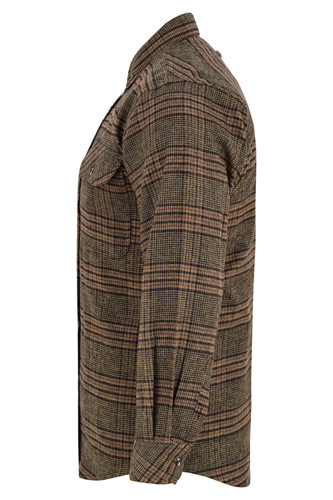 Side profile of the Sequoia men's regular fit plaid flannel shirt showing the long sleeve, buttoned cuff and curved hem.