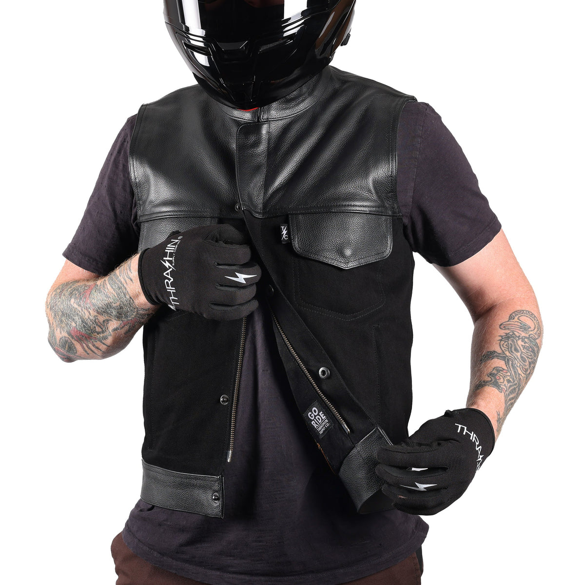 Thrashin Supply Men's Kanan Leather/Denim Motorcycle Riding Vest - Pic 3