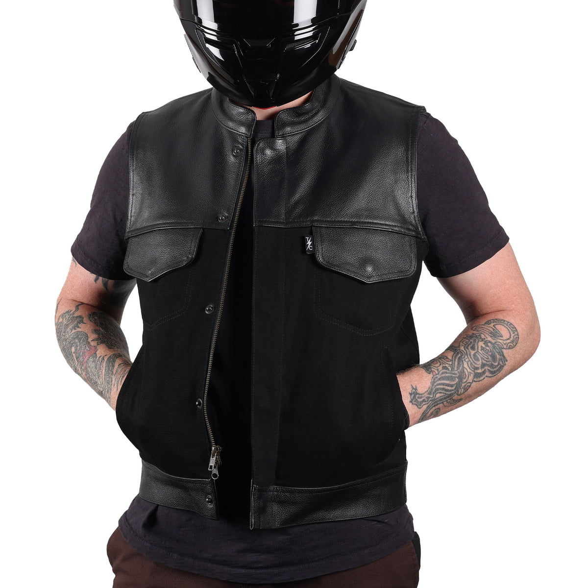 Thrashin Supply Men's Kanan Leather/Denim Motorcycle Riding Vest - Pic 2