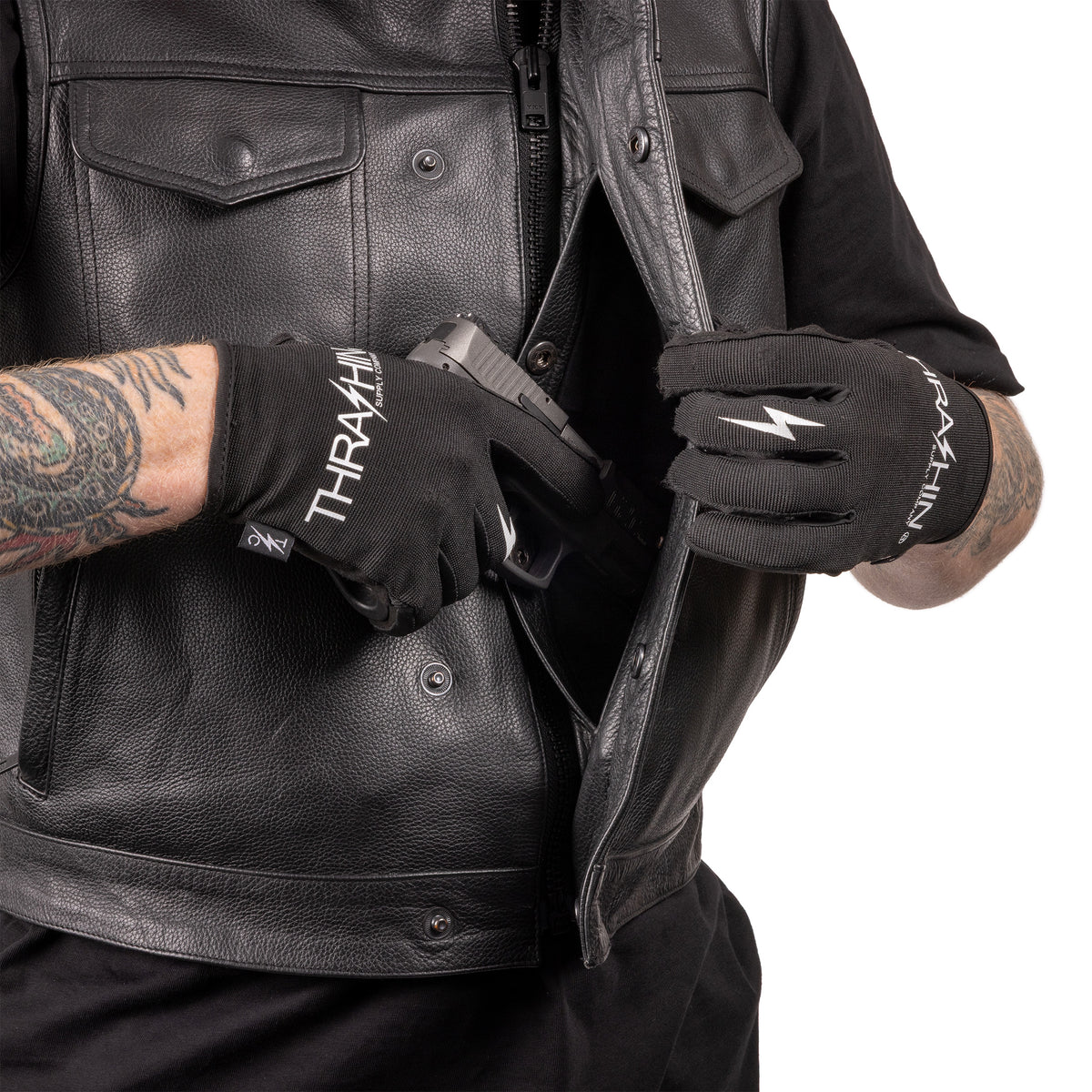 Thrashin Supply Men's Encinal Leather Shorty Motorcycle Riding Vest - CCW Pocket