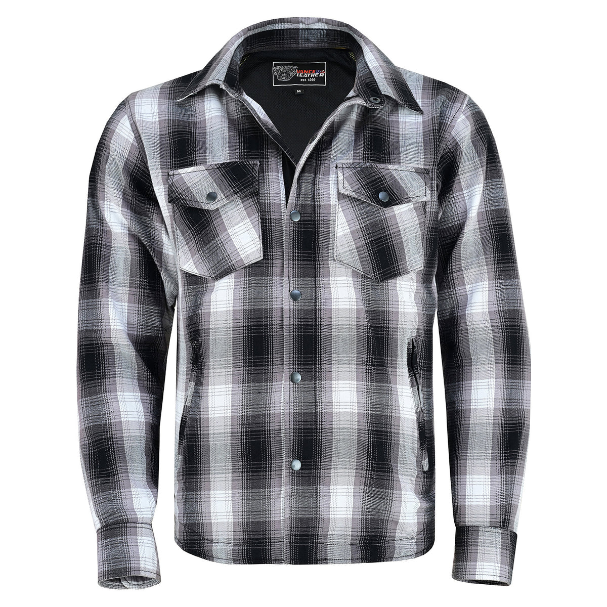 Timberwolf charcoal plaid armored flannel riding shirt with open collar, visible front zipper and two snap chest pockets.
