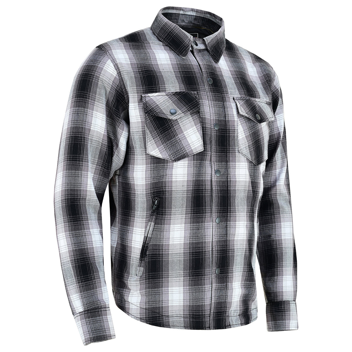 Angled product view of the Timberwolf charcoal plaid armored flannel motorcycle shirt with snap chest pockets and waist zipper.