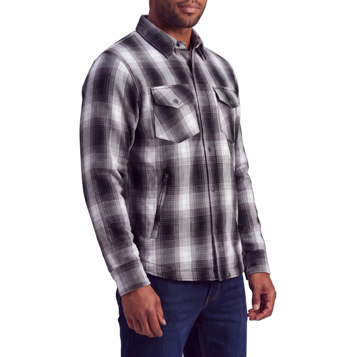 Three-quarter view of the Timberwolf armored flannel motorcycle shirt on a model, showing chest pockets and a zippered pocket.