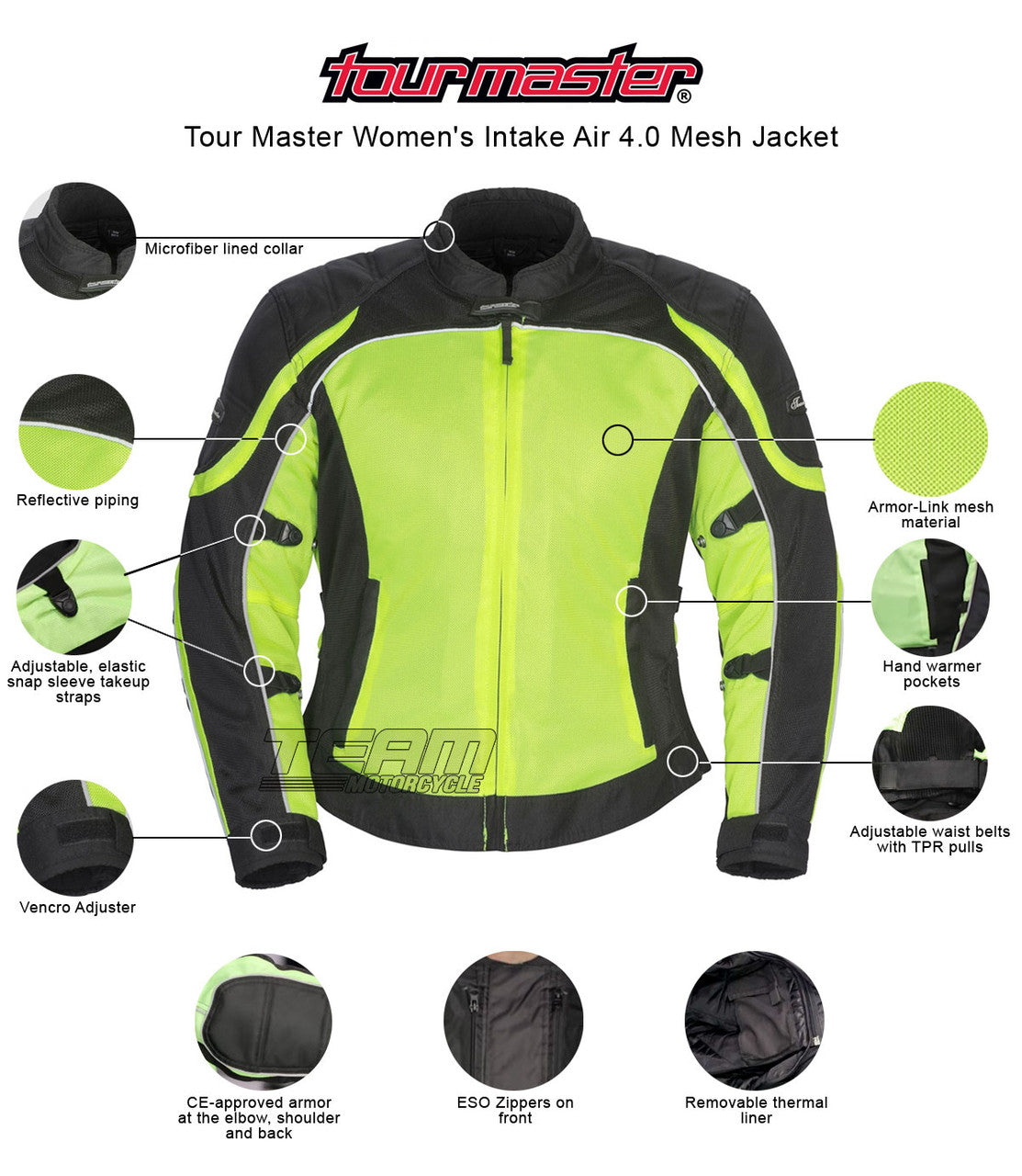 Tour Master Women's Intake Air 4.0 Mesh Jacket infographics