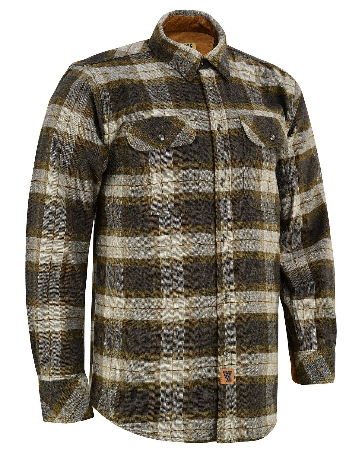 Angled front view of the Tuscan Gold men’s plaid button-down flannel shirt with long sleeves and buttoned chest pockets.