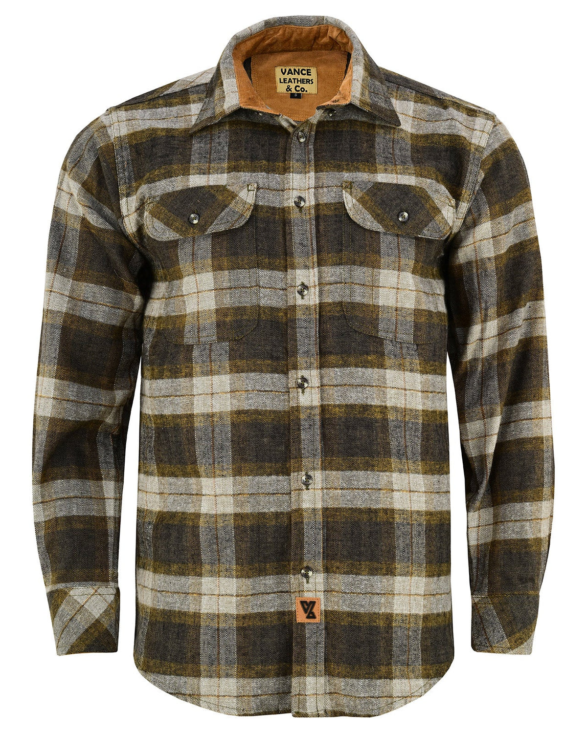 Front view of the Tuscan Gold men’s casual plaid flannel shirt with button closure, flap chest pockets and curved hem.