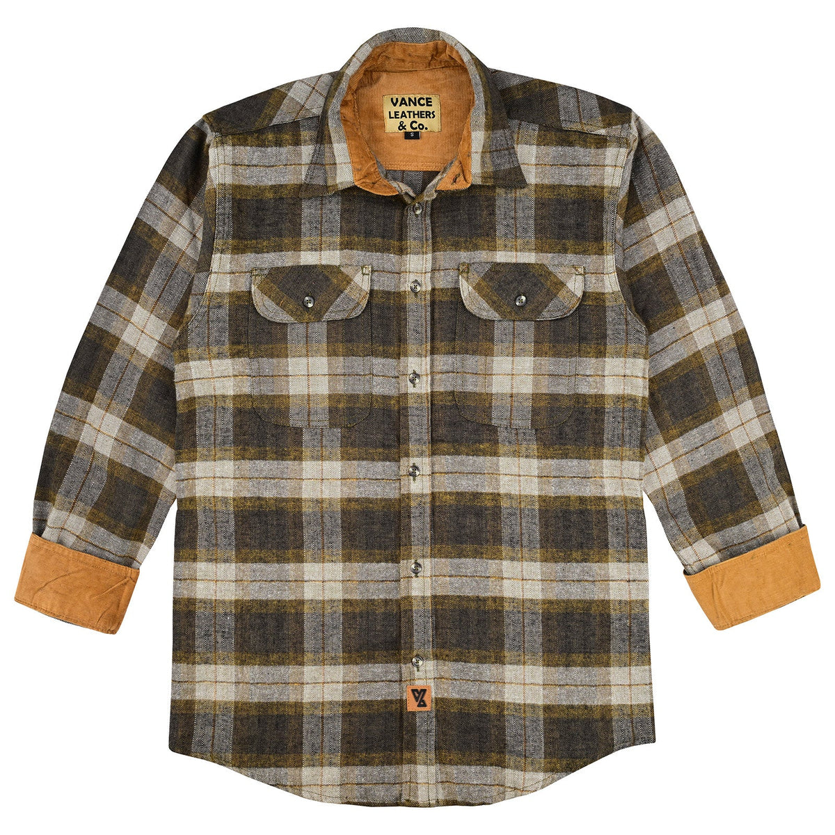 Tuscan Gold men’s plaid flannel shirt laid flat with cuffs turned back to show tan corduroy lining.