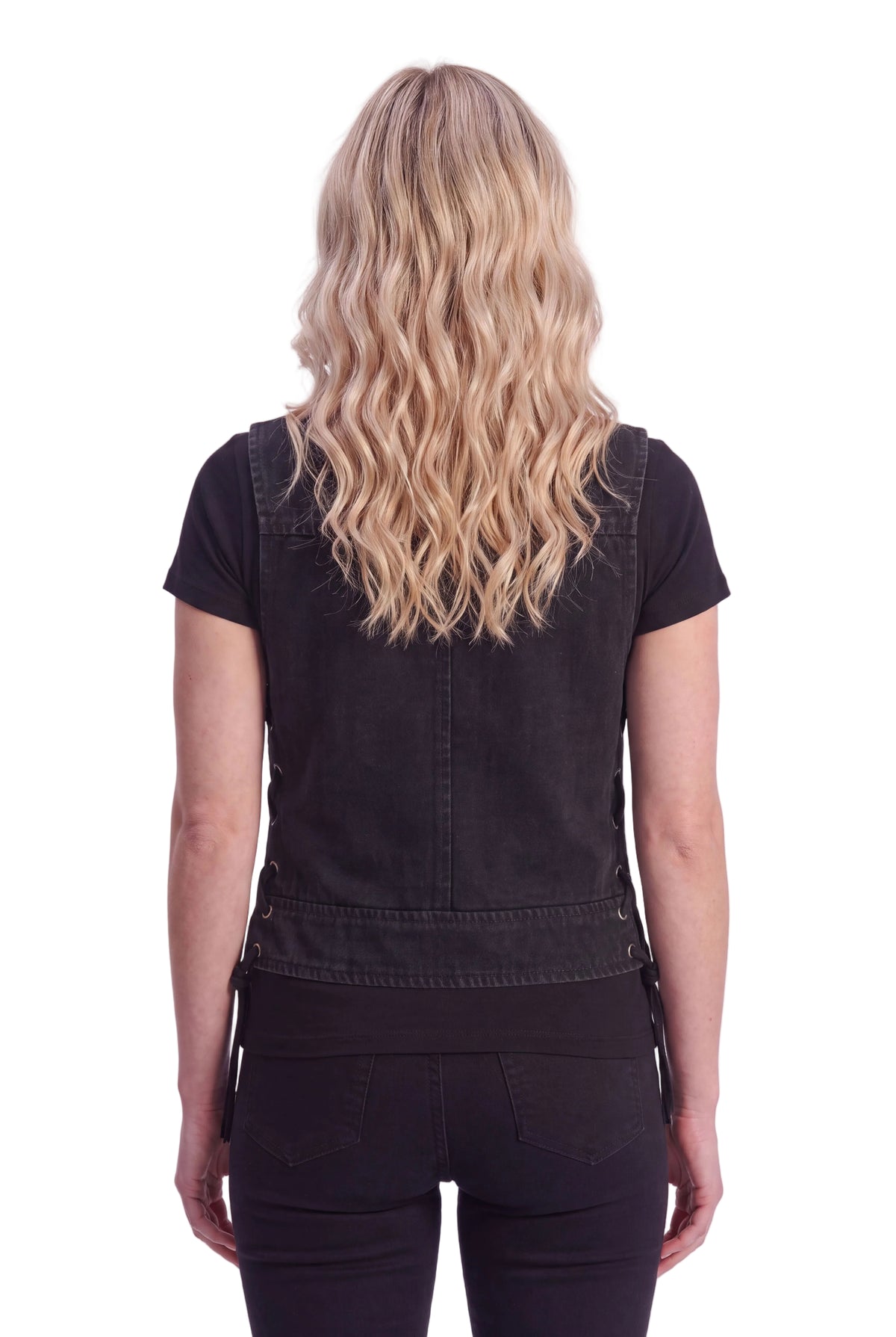 Womens Black Denim V Neck with Zipper & Side Laces Motorcycle Vest - back pose