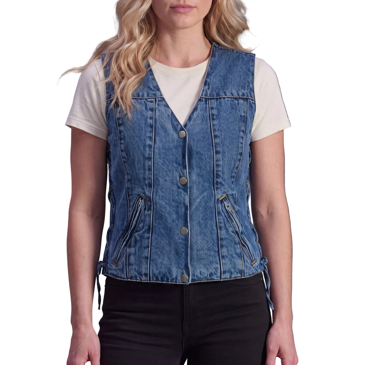 Womens Blue Denim V Neck with Snap Opening & Side Laces Motorcycle Vest front pose