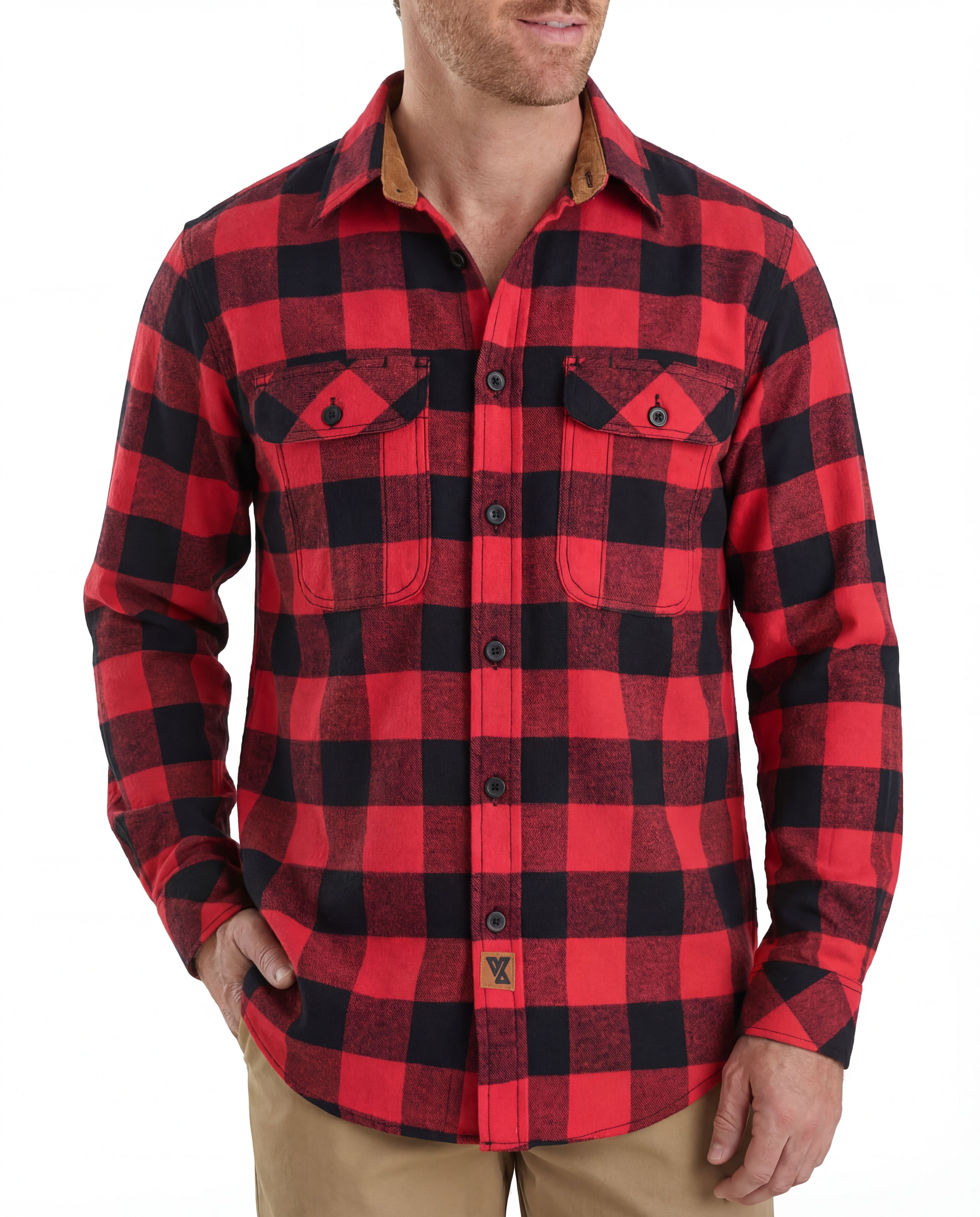 Men's Classic Red Long Sleeve Plaid Button Down Casual Flannel Shirt, Corduroy Cuffs - lifestyle pic