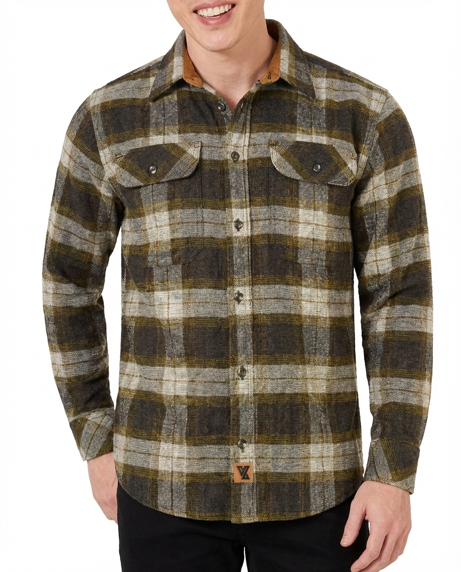 Tuscan Gold Men's Long Sleeve Plaid Button Down Casual Flannel Shirt, Corduroy Cuffs - Pic