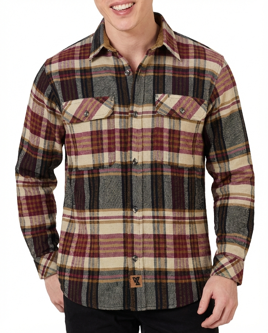 Men's Cedarwood Plaid Long Sleeve Plaid Button Down Casual Flannel Shirt, Corduroy Cuffs - Pic