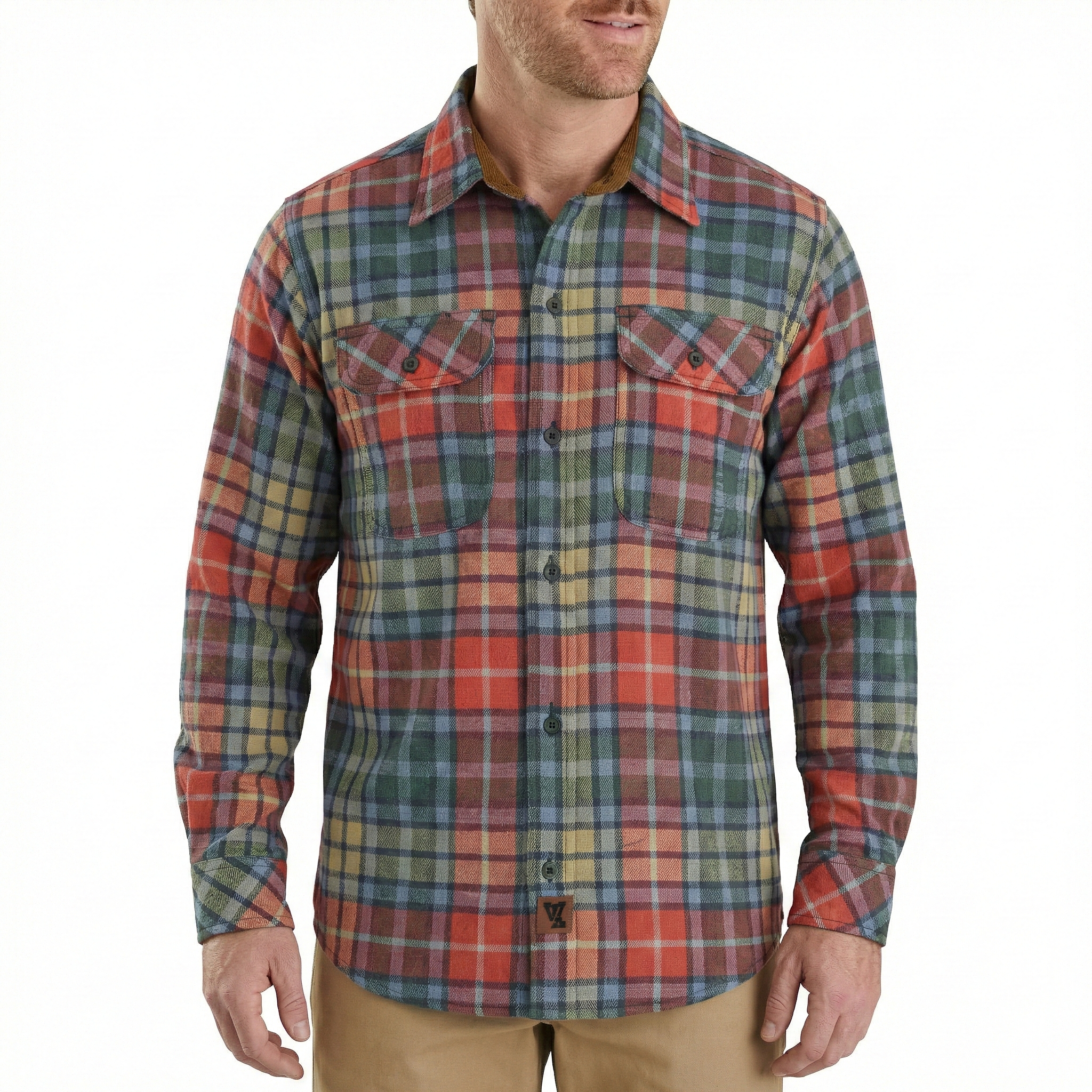 Men's Amber Color Plaid Long Sleeve Plaid Button Down Casual Flannel Shirt, Corduroy Collar & Cuffs - Pic