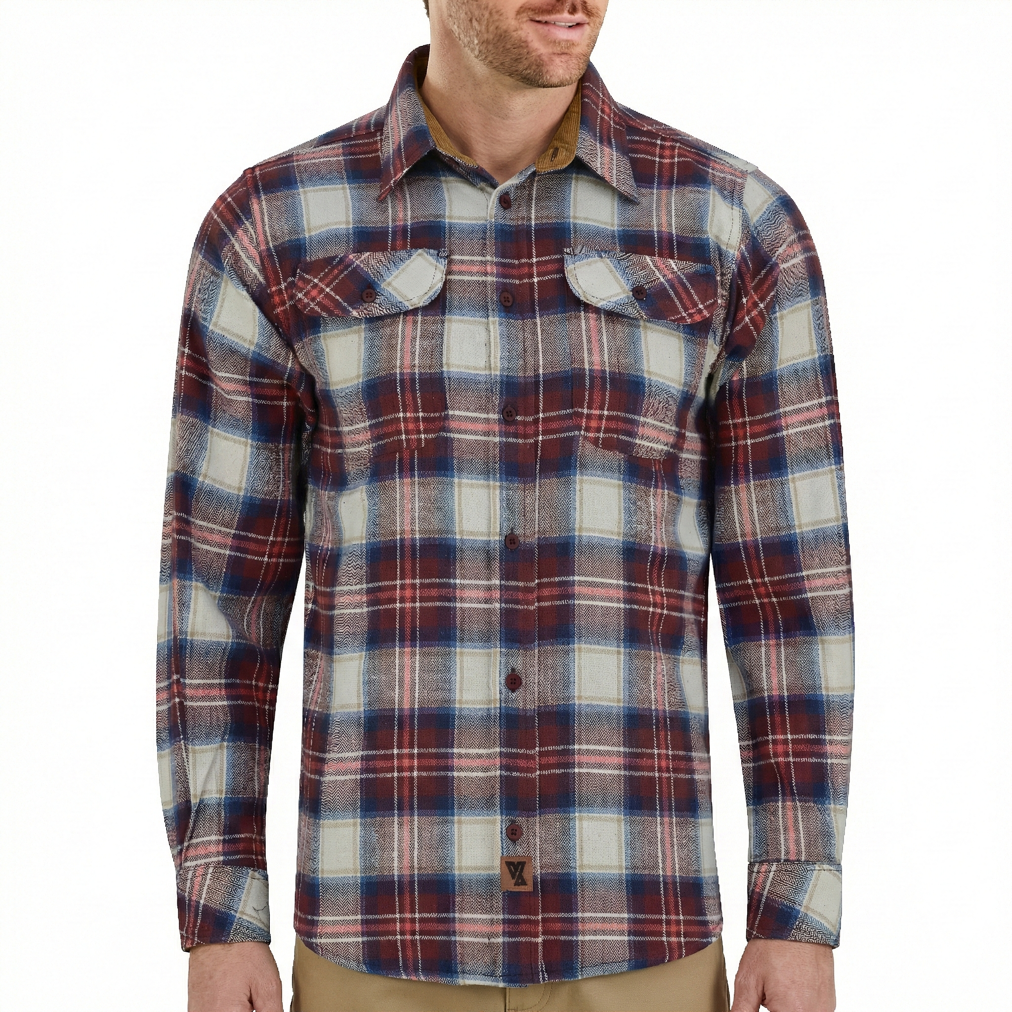 Men's Merlot Long Sleeve Plaid Button Down Casual Flannel Shirt, Corduroy Collar & Cuffs - Pic