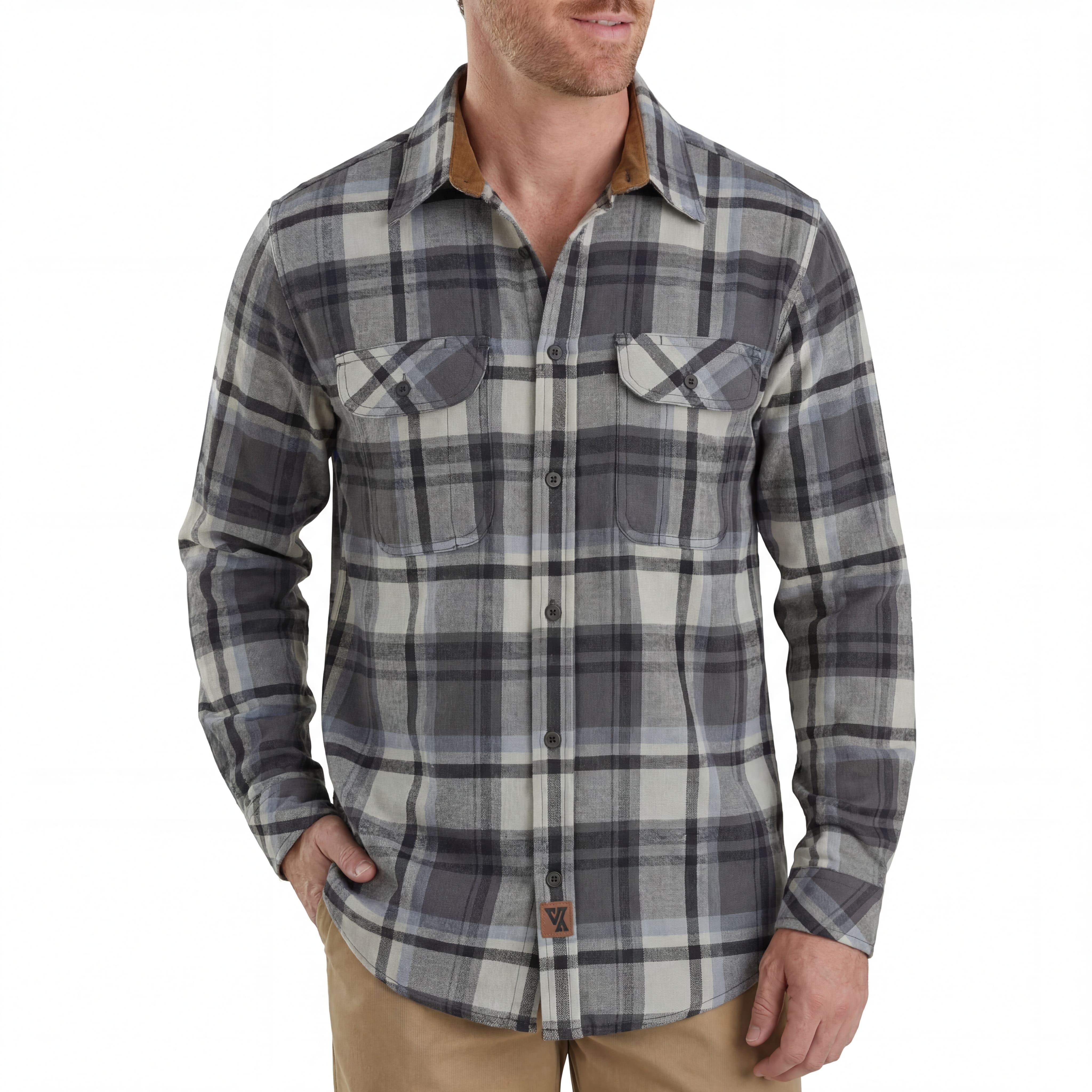 Men's Charcoal Checkered Long Sleeve Plaid Button Down Casual Flannel Shirt, Corduroy Collar & Cuffs - lifestyle image