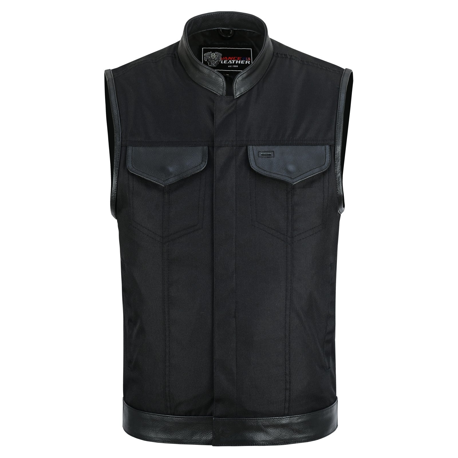 Vance Textile Mens Black SOA Club Style Leather Trimmed Textile Motorcycle Vest w/ Front Zipper and Snap Closure