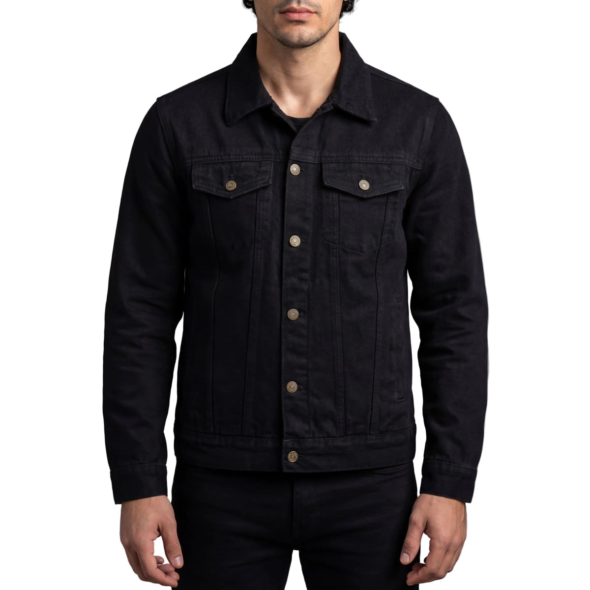 Vance Mens Black Heavy Duty Denim Button Front Motorcycle Jacket, Jean Jacket for Men - Front Pose